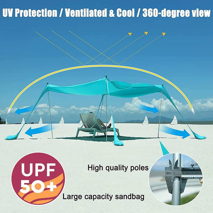 Family Beach Canopy – Large UPF50+ Sunshade Tent with Stability Poles for Beach, Camping, Parties & Picnics