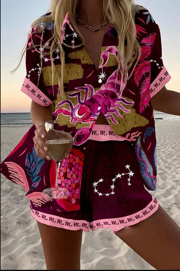 Women’s Summer 2-Piece Set – Lapel Short-Sleeve Shirt & Shorts, Elegant Loose Printed Outfit