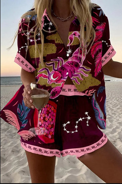 Women’s Summer 2-Piece Set – Lapel Short-Sleeve Shirt & Shorts, Elegant Loose Printed Outfit