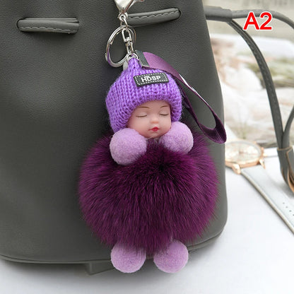 Pompom Sleeping Baby Keychain - Fluffy Plush Doll Keyring for Bags, Cars & Gift Decoration