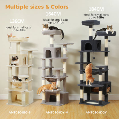 Large Indoor Cat Tree Tower with Sisal Scratching Posts, Hammock, Padded Perches & Condos – Cat Toys and Activity Center