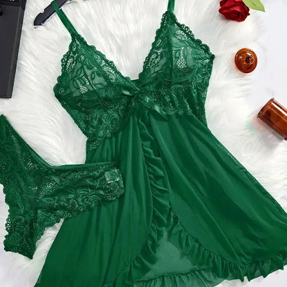 Women’s Lingerie Set — Plus Size Lace Nightgown, Thong & Suspender Sexy Sleepwear
