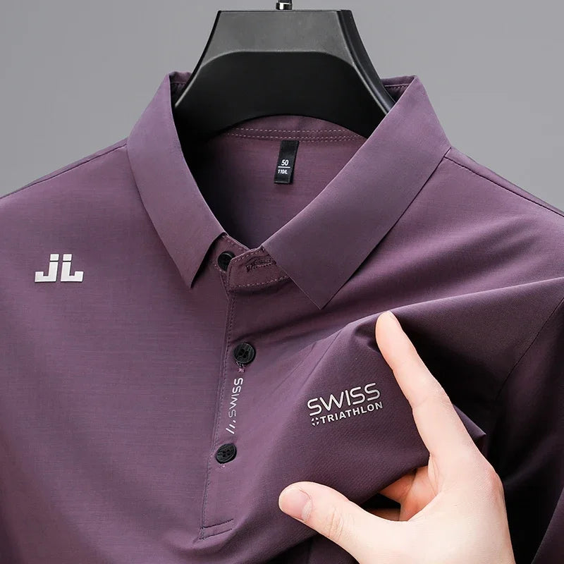 Men's Business Casual Polo Shirt - Short Sleeve Solid Color Top with Badge Detail