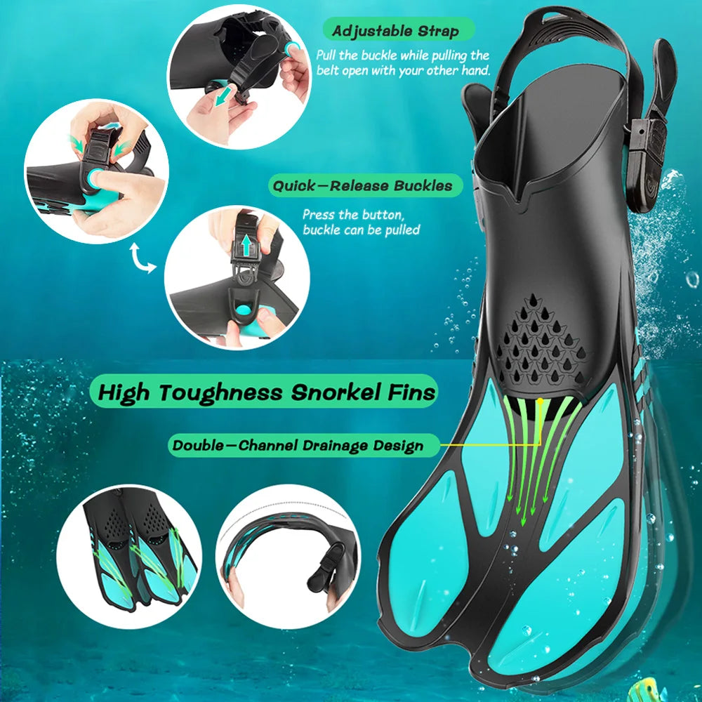 Adjustable Snorkel Fins with Buckles - Short Silicone Swimming Flippers for Men and Women, Open Heel Travel Size