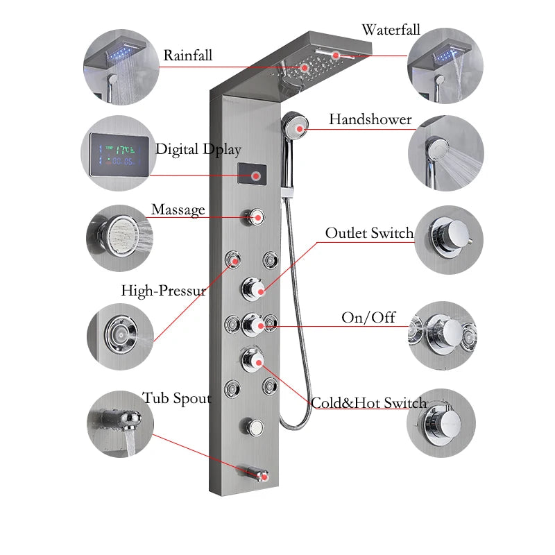 LED Light Bathroom Shower Faucet Set - Rainfall Shower Panel System with Temperature Display, Water Mixer Tap, and SPA Massage Feature