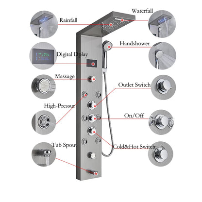 LED Light Bathroom Shower Faucet Set - Rainfall Shower Panel System with Temperature Display, Water Mixer Tap, and SPA Massage Feature