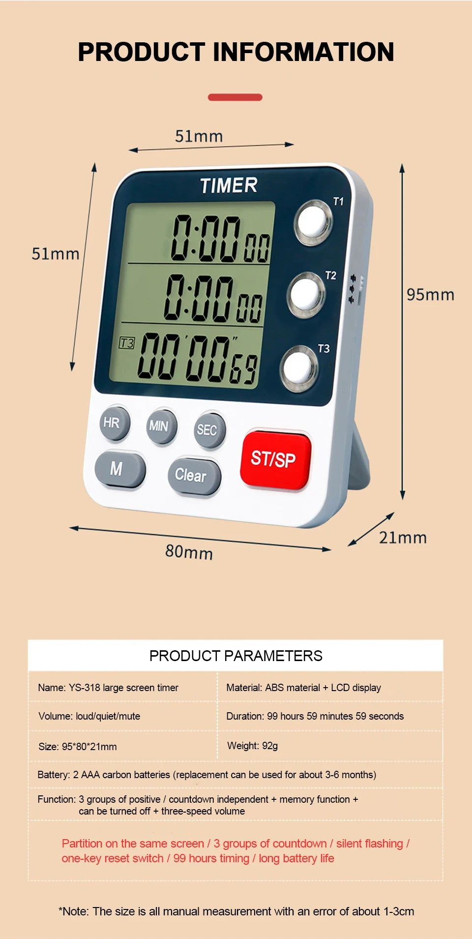 3 Channel Digital Kitchen Timer – Count Up/Down with LCD Display, Adjustable Volume & Mute Flashing Alarm