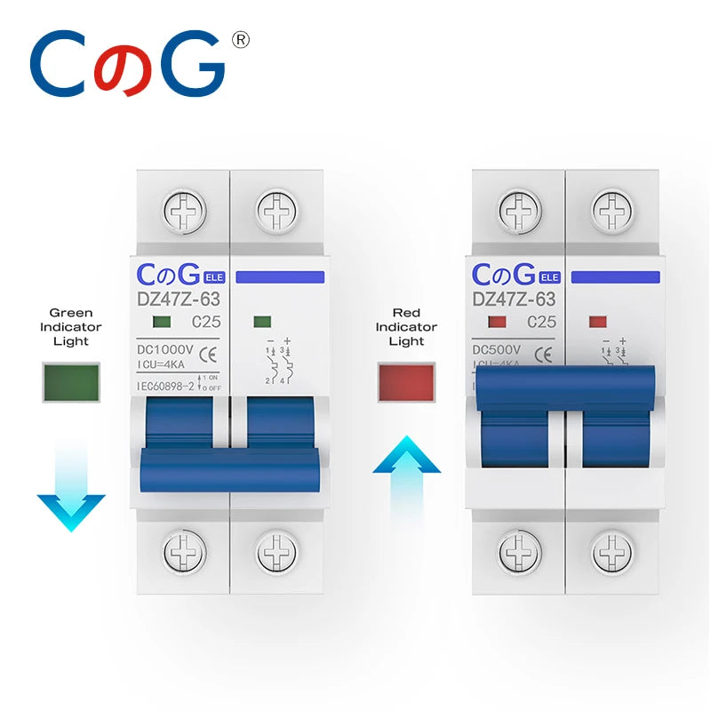 CG DZ47Z 2P DC Circuit Breaker MCB – 10A–63A 500V/1000V Din Rail Mount Switch for Solar PV System Protection Disconnect Switch