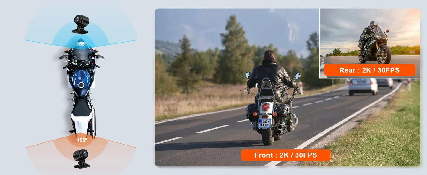 Motorcycle 2K Front & Rear DVR Dash Cam – WiFi GPS, Waterproof Full-Body Video Recorder Black Box