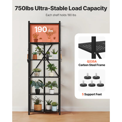 SucceBuy 3-6 Tier Black Foldable Storage Rack — Wheeled Metal Shelving Organizer for Garage & Kitchen