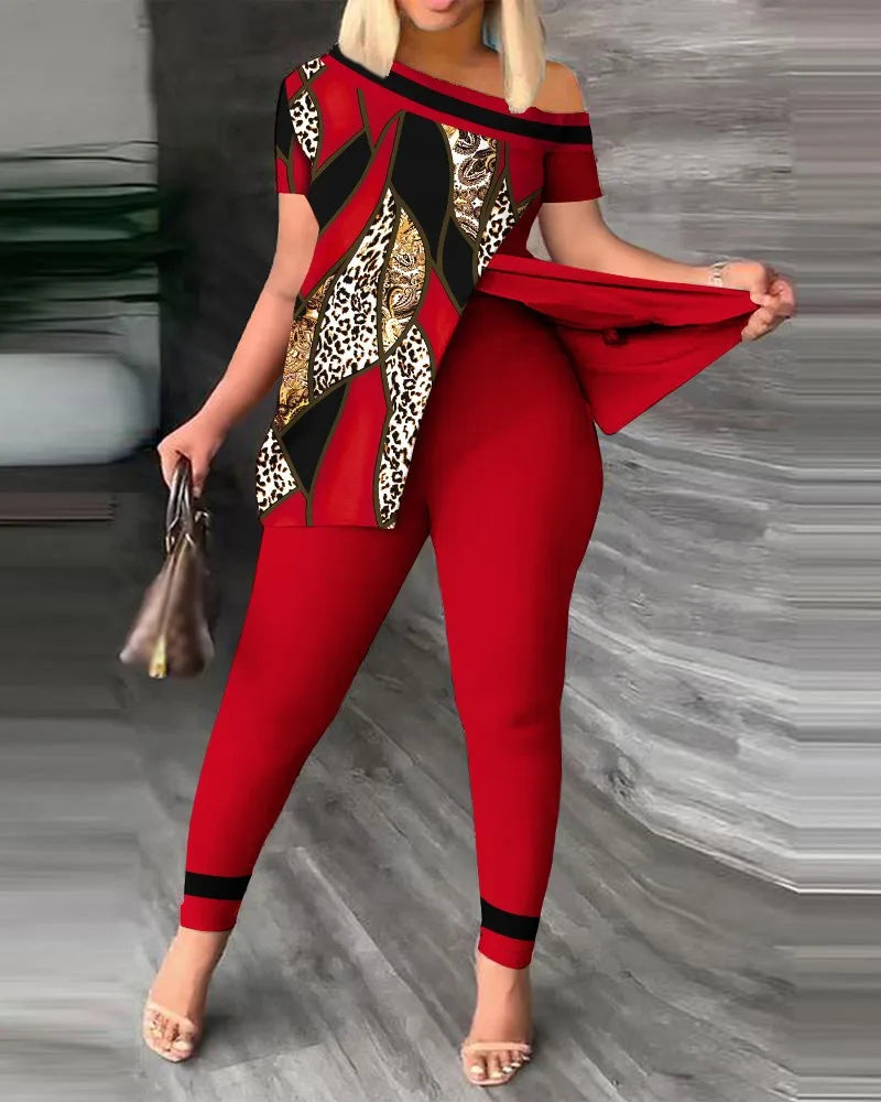 Elegant Women’s Two-Piece Set – Printed Ruffle Sleeve Top & Solid Color Pants with Belt