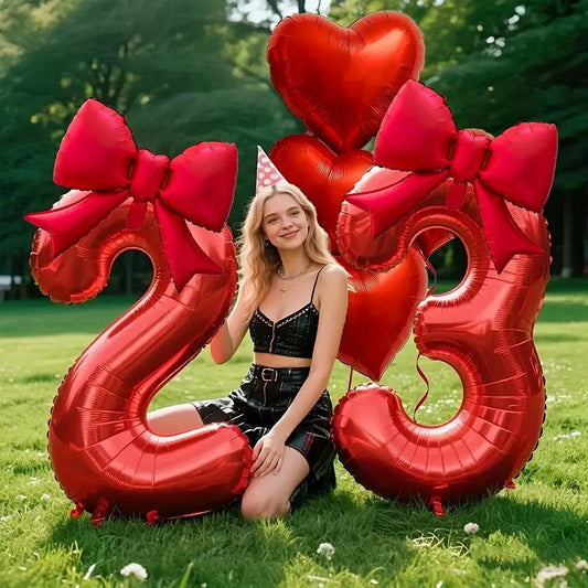 Red Heart Foil Balloons Set - 6PCS Birthday Wedding Anniversary Decoration with 32 Inch Numbers & Tassel Bows