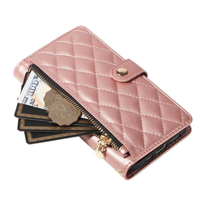 Crossbody Leather Wallet Case for iPhone – Zipper Card Slot Bag with Rhombus Design for iPhone 16/16 Pro Max/15/14/13/12/11/SE 2022