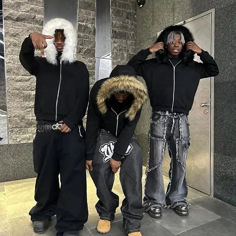 Y2K Zip-Up Hoodie with Faux Fur Collar – Harajuku Rock Goth Retro Punk Loose Jacket for Hip Hop Streetwear