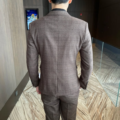 Men’s British Korean Plaid Three-Piece Suit – Stylish Business Casual Set with Blazer, Vest & Trousers