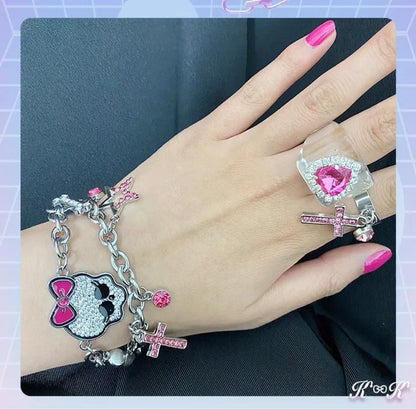 Pink Bow Rhinestone Skull Bracelet - Y2K Gothic Thick Chain Charm Jewelry for Women