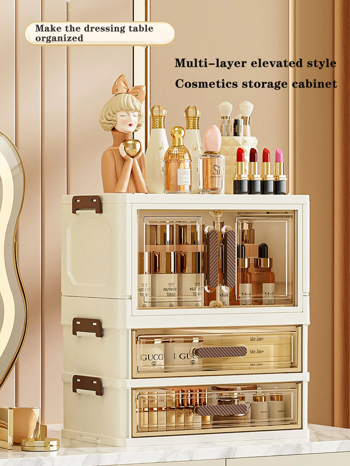 Foldable Transparent Cosmetic Organizer — Multi-Layer Drawer-Style Desktop Beauty Storage Box, Dustproof Makeup Organizer