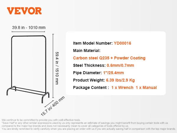 VEVOR Heavy Duty Garment Rack – Adjustable Length Clothes Rack with Bottom Shelf & Wheels for Laundry Room