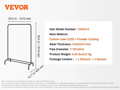 VEVOR Heavy Duty Garment Rack – Adjustable Length Clothes Rack with Bottom Shelf & Wheels for Laundry Room