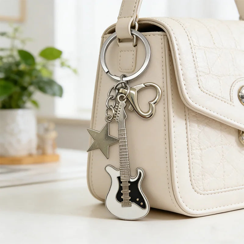 Electric Guitar Couple Keychain Set - Black & White Star Heart Charms for Music Lovers, Bags & Car Keys