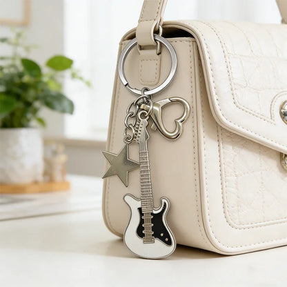 Electric Guitar Couple Keychain Set - Black & White Star Heart Charms for Music Lovers, Bags & Car Keys