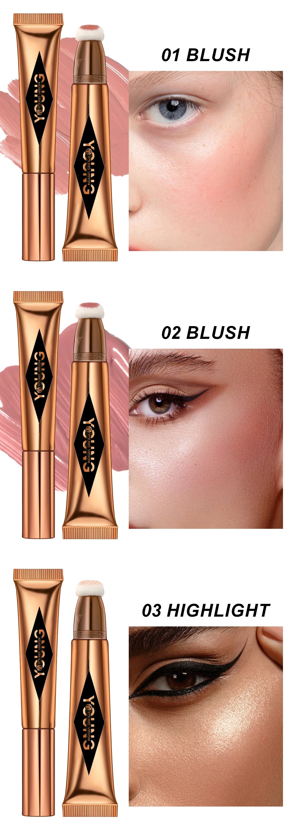 YOUNG VISION Air Cushion Powder Blusher - High Gloss Stick Rouge Makeup Liquid, 6 Color Options