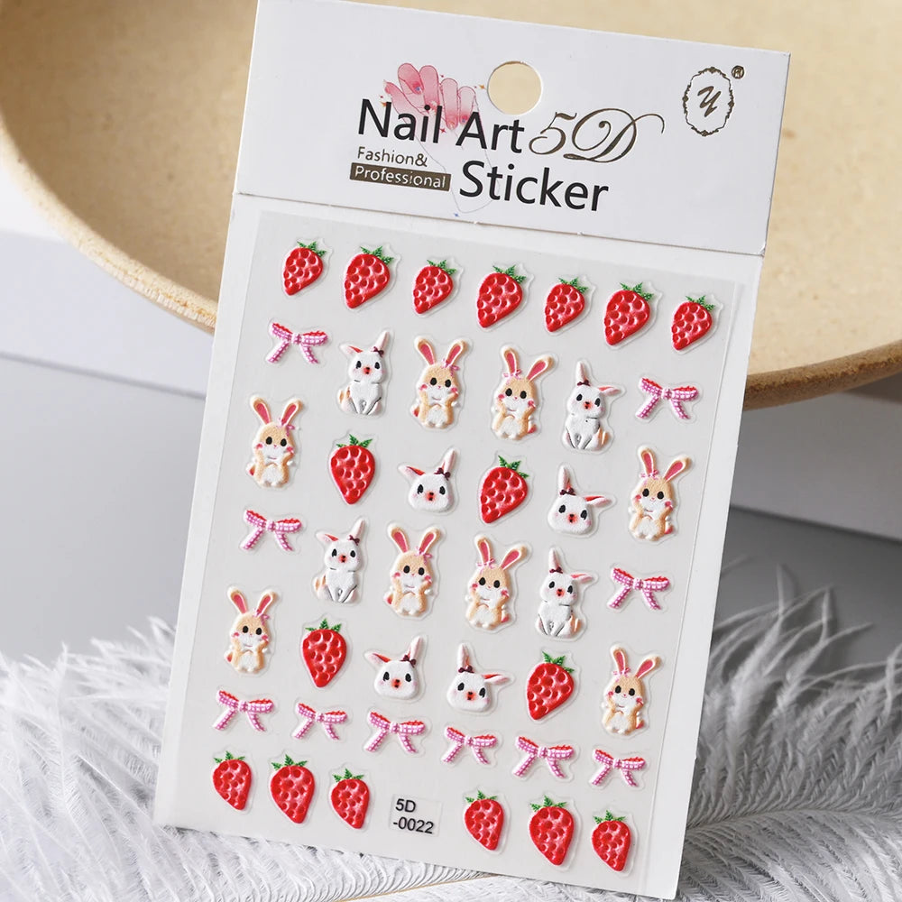 5D Macaron Nail Stickers - Embossed Flower, Fruit, Bear & Rabbit Charms for Summer DIY Manicure Decoration