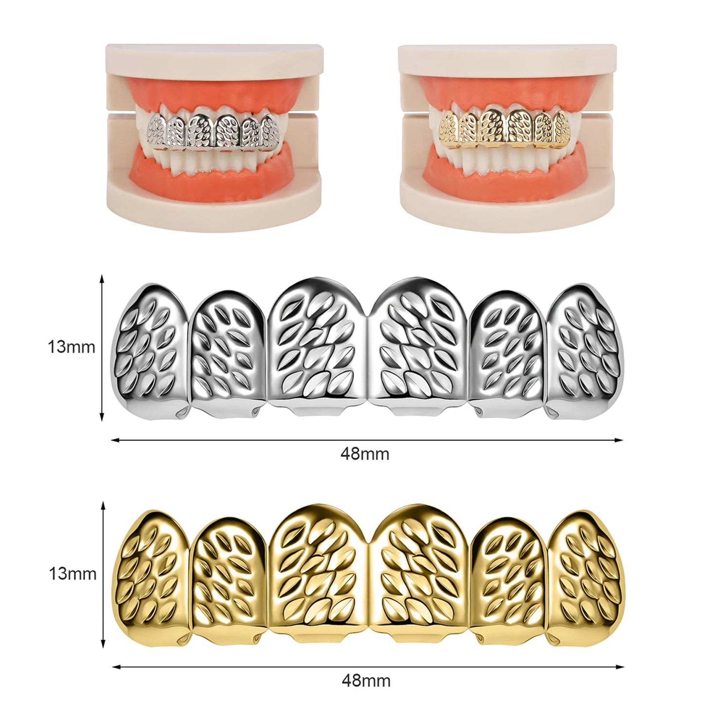 ZS Hip Hop Grillz – Silver/Gold Plated CZ Crystal Cross & Rose Star Tooth Cap, Top & Bottom Set