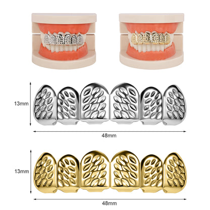 ZS Hip Hop Grillz – Silver/Gold Plated CZ Crystal Cross & Rose Star Tooth Cap, Top & Bottom Set