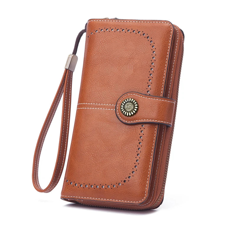 Vintage Large Capacity Women's Purse – Monochromatic Multi-Card Long Wallet with Zipper & Wrist Strap
