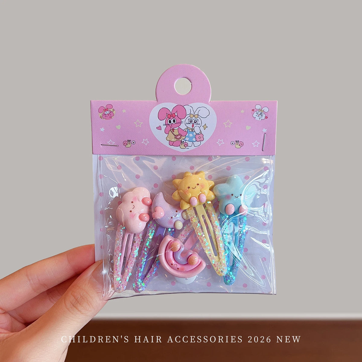 5-Piece Glitter Cartoon Hair Clip Set - Cute Sequin Star and Rabbit BB Clips for Baby Girls and Toddlers