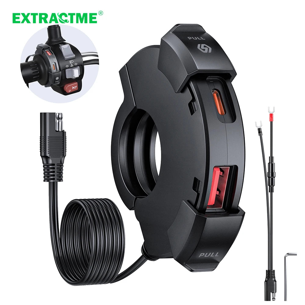 Extractme QC3.0 30W USB Fast Charger – Waterproof Motorcycle Handlebar Mount for Bikes & Cameras