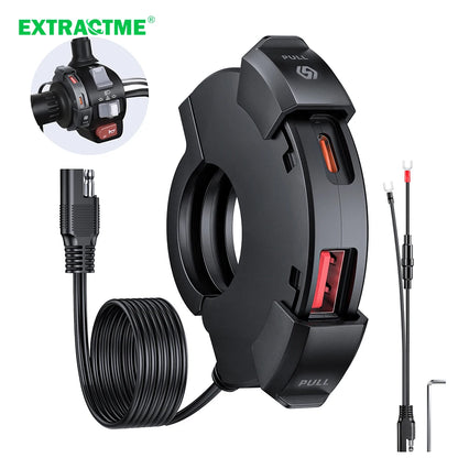 Extractme QC3.0 30W USB Fast Charger – Waterproof Motorcycle Handlebar Mount for Bikes & Cameras