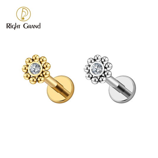 Right Grand ASTM F136 Titanium 16G Mini Beaded Sun Labret Stud CZ Flower – Tragus, Helix, Conch & Nose Piercing Body Jewelry