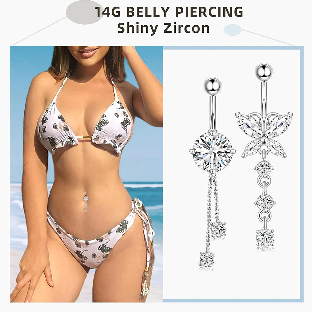 5PCS Belly Button Ring Set – 14G Curved Navel Piercing with Butterfly & Heart Charms, Body Jewelry for Women & Girls