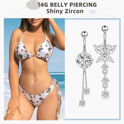 5PCS Belly Button Ring Set – 14G Curved Navel Piercing with Butterfly & Heart Charms, Body Jewelry for Women & Girls
