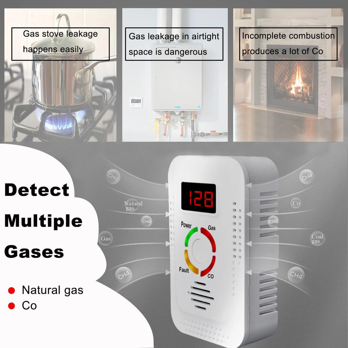 2-in-1 Natural Gas & Carbon Monoxide Detector - LPG, Methane & CO Leak Monitor for Kitchen Safety