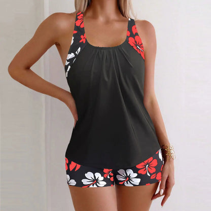 Women’s Floral Tankini Swim Set - Adjustable Strap Vest Top & Drawstring Shorts Bikini Beachwear for Summer