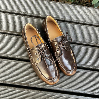 QUTAA 2025 Women’s Fashion Flats — Cow Leather Spring Ballet Loafers, Lace-Up Round Toe Casual Shoes, Sizes 34-41