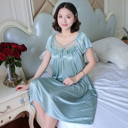 Women’s Ice Silk Nightgown – Medium-Length Short Sleeve Sexy Sleepwear, Loungewear & Home Pyjama for Ladies