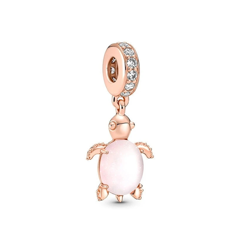 925 Silver Plated Murano Glass Sea Turtle Dangle Charm - Colorful Pink & Blue Jewelry for Women's Bracelet