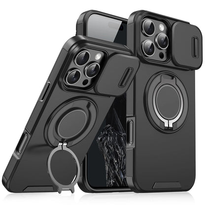 Heavy Duty Rugged Magnetic Ring Stand Case for iPhone 11–16 Pro Max Plus with Slide Camera Protection & MagSafe Compatible Cover