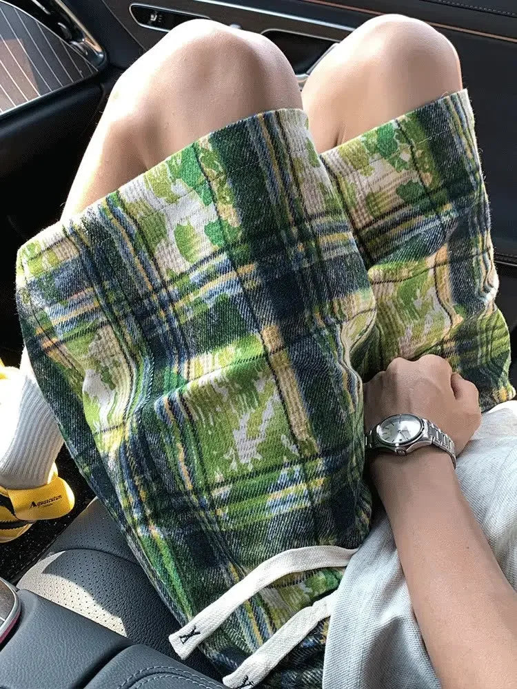 Green Tie-Dye Plaid Shorts - Men's Retro Loose Fit Summer Casual Jorts