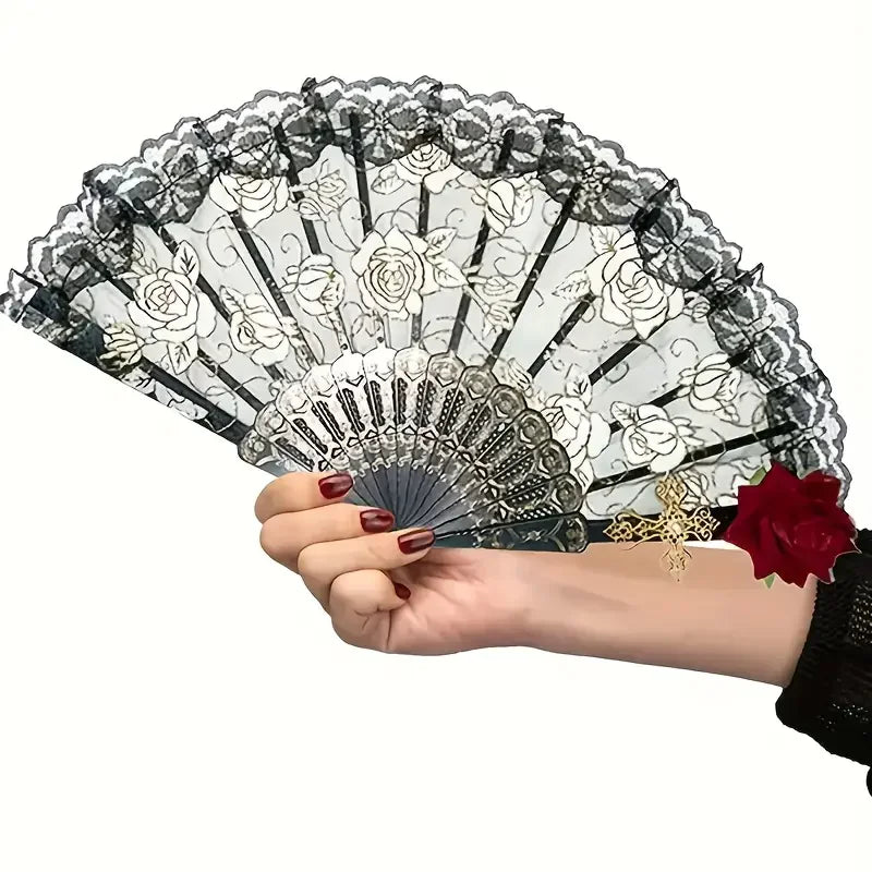 Vintage Spanish Flamenco Rose Lace Folding Fan - Elegant Handheld Fan for Weddings & Parties