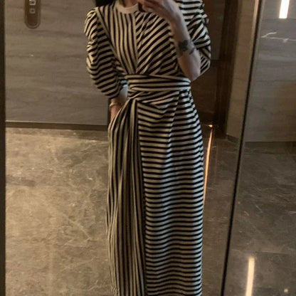Women’s Summer French Striped Dress – Puff Sleeve Slim Waist Casual Runway Vestidos Robe
