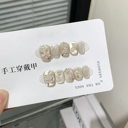 10 Pcs Short Handmade Pink Press-On Nails – Spring French Rhinestone Plaid Full Cover Fake Nail Tips