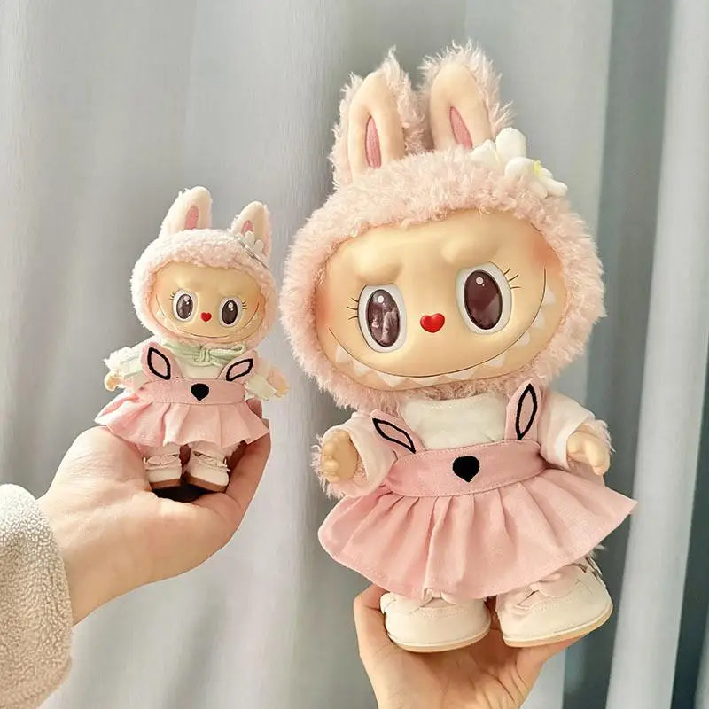 Labubu 38cm Plush Doll Clothes – MOKOKO Coat with Rabbit Ear Strap Skirt Set, Cute Doll Outfit & Accessories