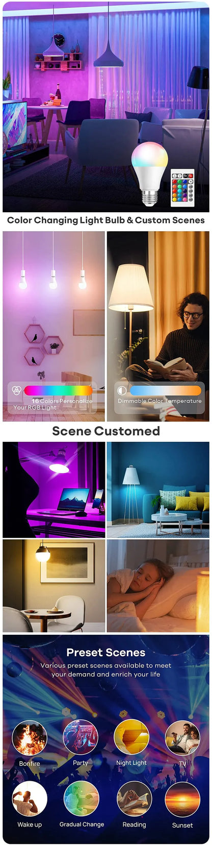 16-Color RGB LED Bulb E27 – Dimmable Smart Lamp with 24-Key Remote Control for Household Lighting & Atmosphere