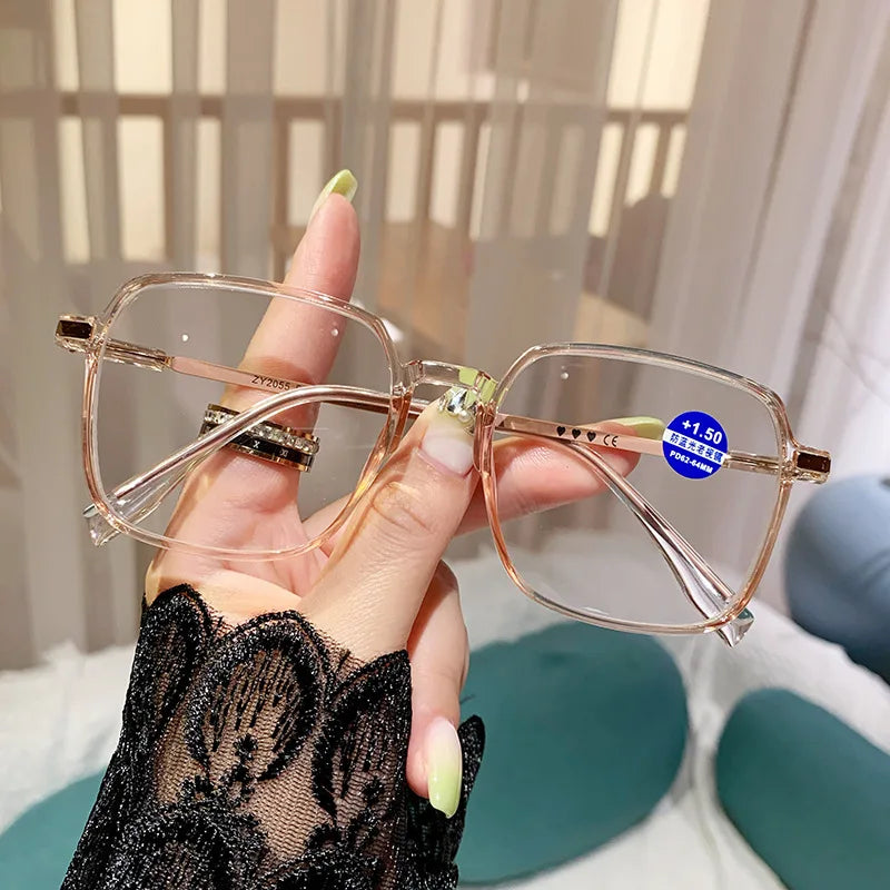 Trendy Reading Glasses for Women — Anti Blue Light Presbyopia Eyewear, High-Definition Transparent Frame, Unisex Eyeglasses