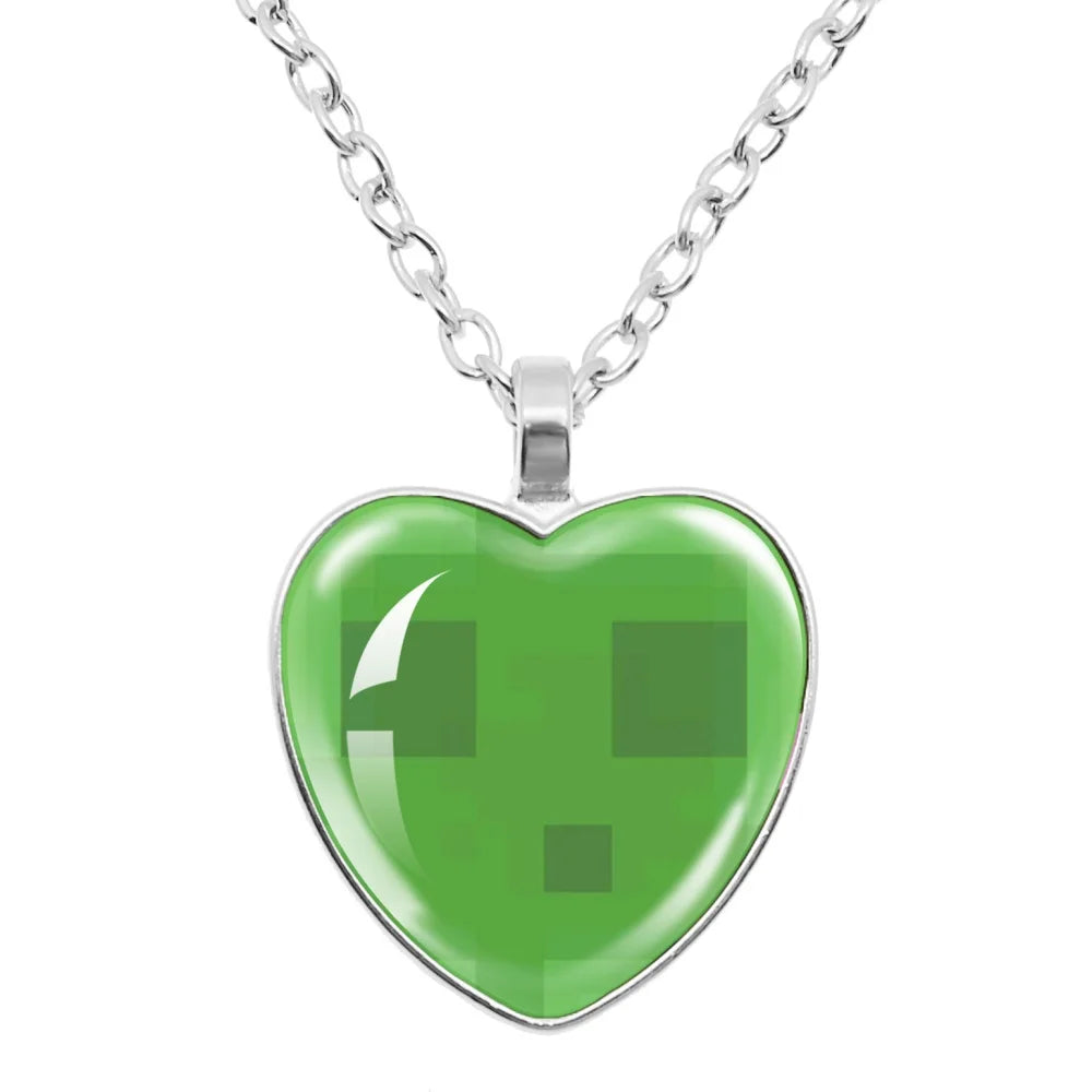Funny Pixel Block Cartoon Pendant Necklace – 25mm Glass Heart-Shaped Charm, My World Theme Jewelry Gift